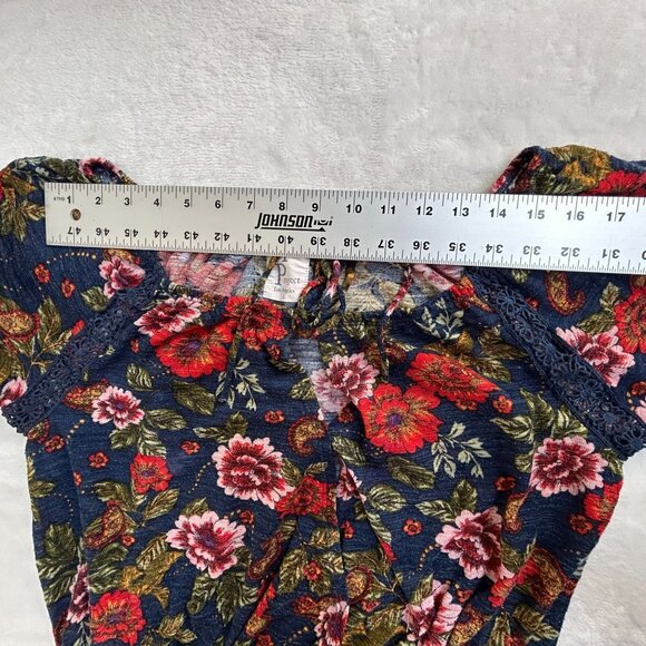 Haute Project Womens Floral Boho Bell Sleeve Cropped Top Blouse Large Navy/Red - Picture 6 of 8